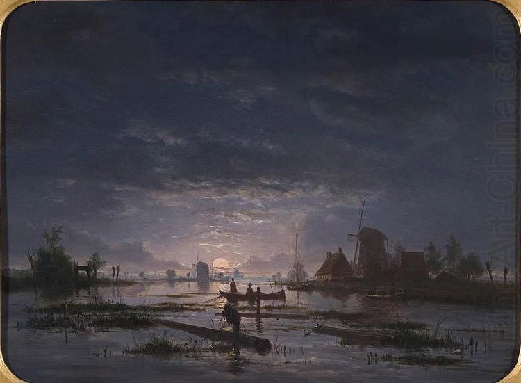 An Extensive River Scene with Fishermen at Night, Jacob Abels